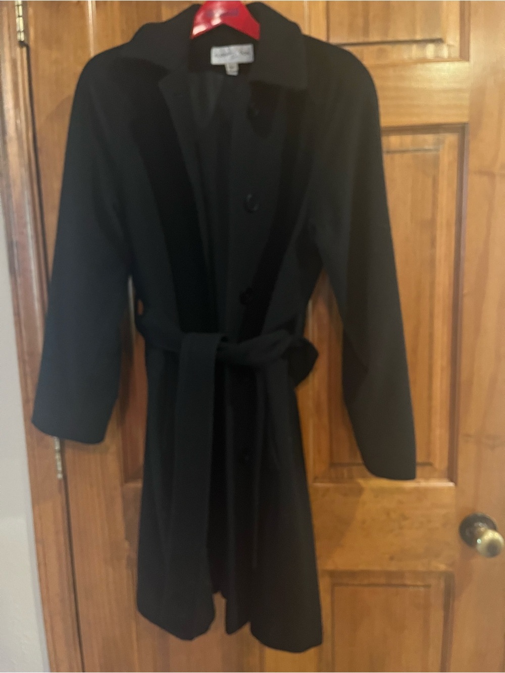Albert Nipon button front  Black Wool over Coat with looped tie belt.